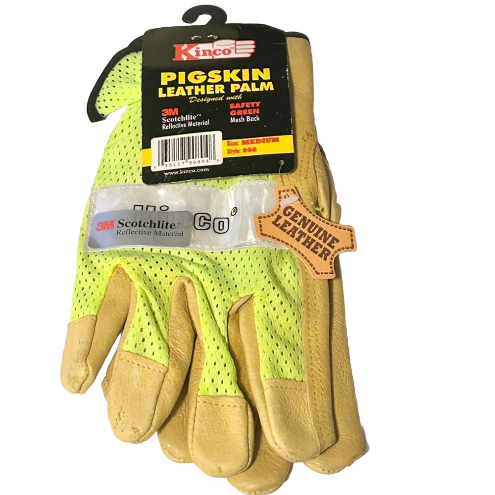 NWT Kinco Hi-Vis Green Mesh & Grain Pigskin Palm Genuine Leather Gloves MEDIUM